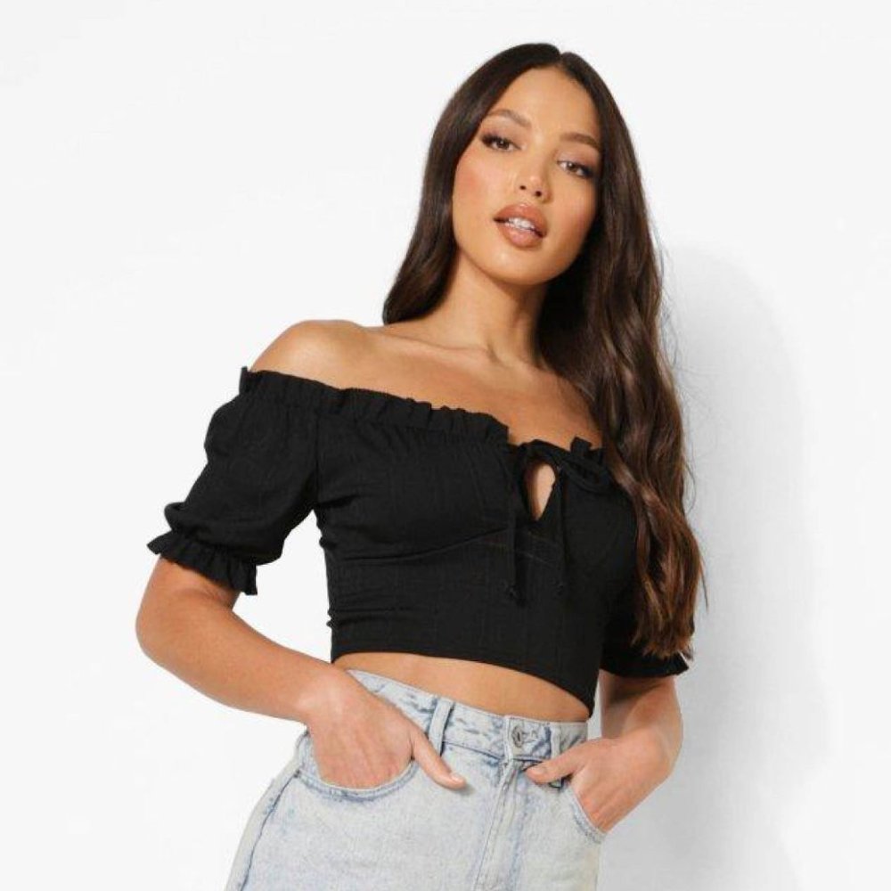 Boohoo Black Bandage Peasant Crop Top - Size 4 -NWOT